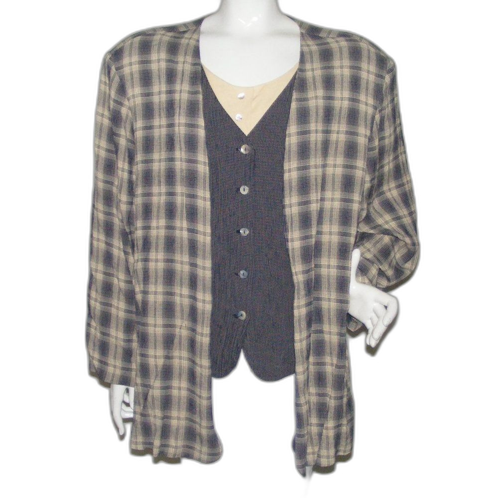 SHERI MARTIN 1pc Jacket/Blouse Combo, XL, Lagenlook, VINTAGE, Plaid, Buttons